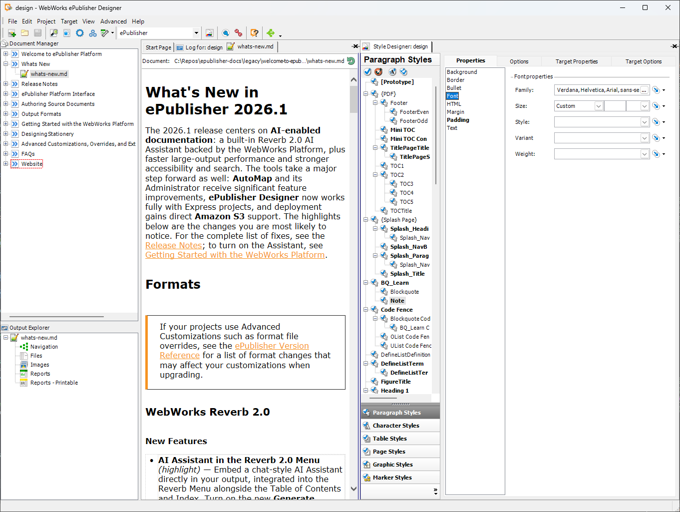 ePublisher Designer with the documentation project open: the Document Manager, a styled preview of the What's New in ePublisher 2026.1 topic, and the Style Designer editing the Note paragraph style.