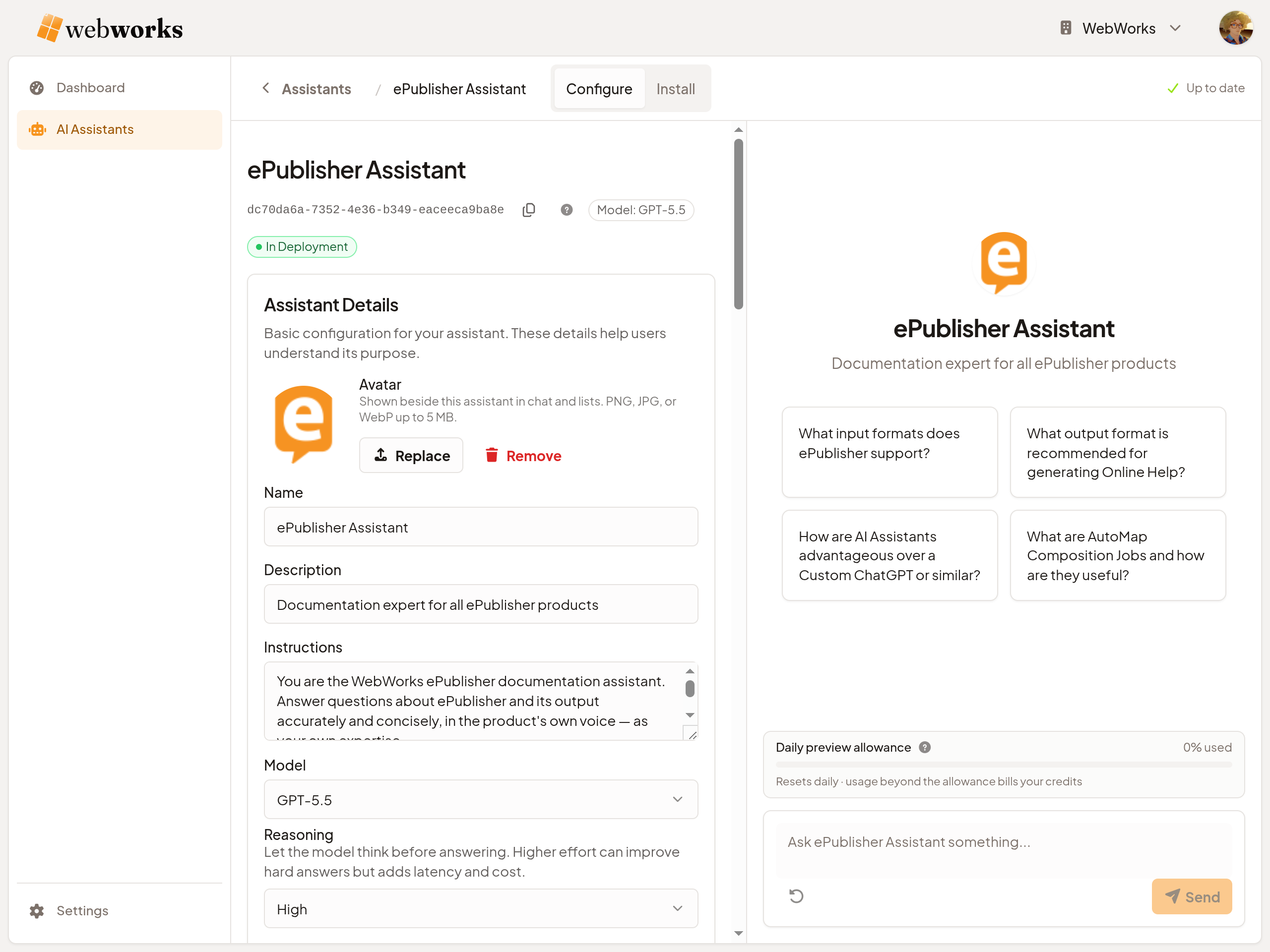 WebWorks Platform Assistant configuration page: avatar, name, Instructions, model and reasoning settings, the Assistant ID, and a live preview chat panel.