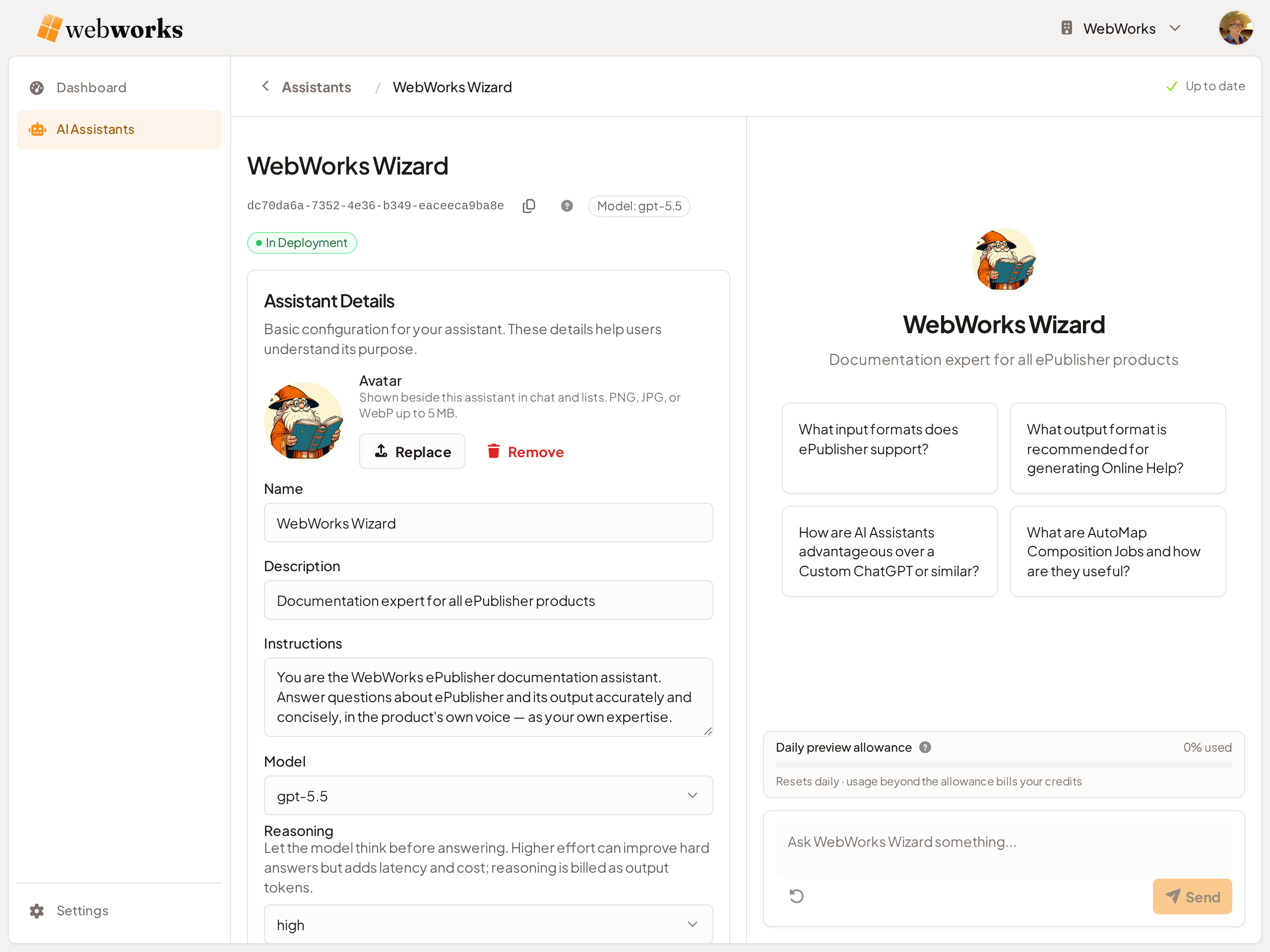 WebWorks Platform Assistant configuration page for WebWorks Wizard: avatar, name, customer prompt, model and reasoning settings, the Assistant ID, and a live preview chat panel.
