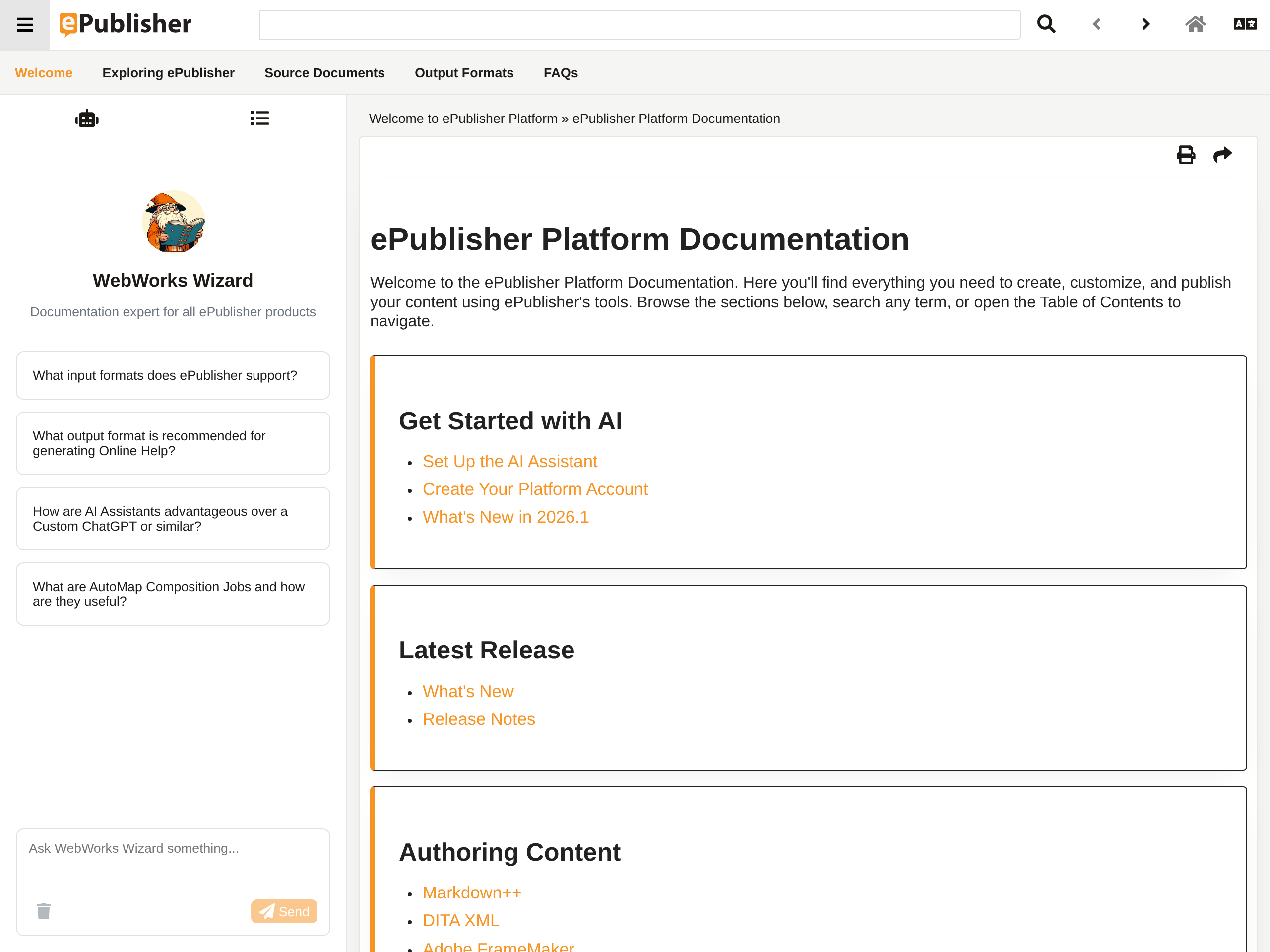 The WebWorks ePublisher help set with WebWorks Wizard open in the Reverb Menu, showing its avatar and suggested questions ready to ask.
